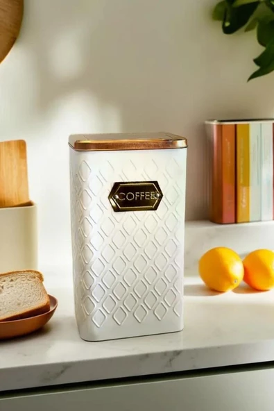 1 Adet Gofreli Beyaz & Gold Kahve Saklama Kavanozu 3 lt - 3