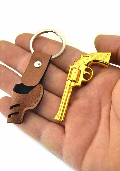 45 Lik Toplu Kovboy Tabancası Taba Kılıflı Anahtarlık - Gold Görünümlü - 3