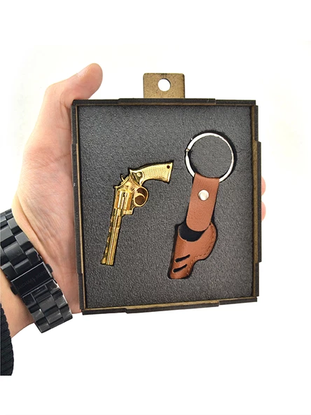 45 Lik Toplu Kovboy Tabanca Taba Kılıflı Anahtarlık Kutulu - Gold Görünümlü - 6