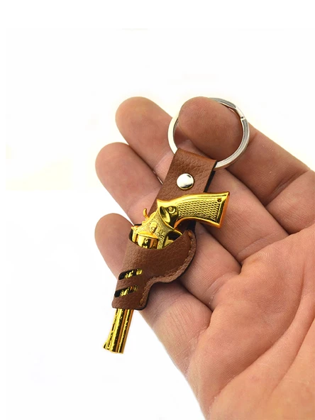 45 Lik Toplu Kovboy Tabanca Taba Kılıflı Anahtarlık Kutulu - Gold Görünümlü - 3