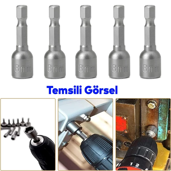 Manyetik Somun Civata Sıkma Adaptörü Çap 8 mm M8 Trapez Çatı Vidası Sıkma 8x65 mm Mıknatıslı 5 Adet - 5