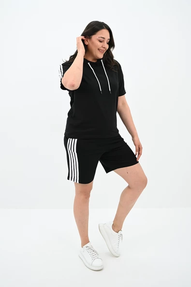 Kadın Çizgi Detaylı Büyük Beden Şortlu Takım 3768-23 - 2