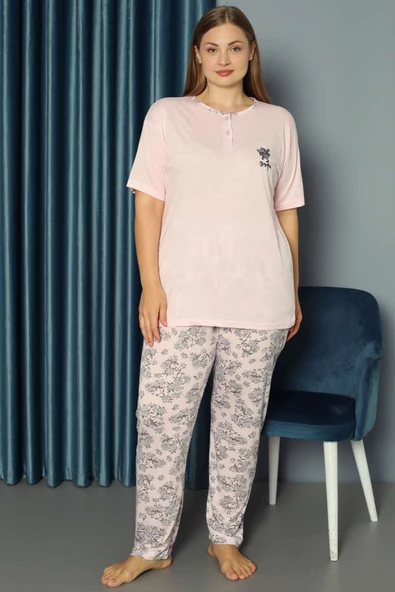 Çiçek Süslemeli Büyük Beden Pijama Takımı Pembe