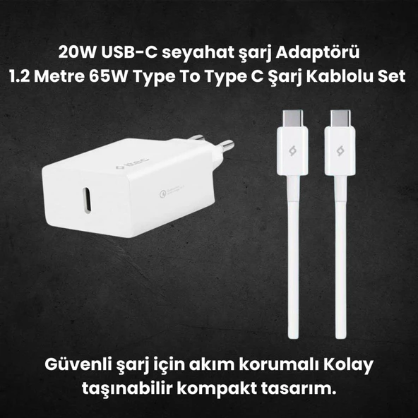 Ttec 20W PD Type C Girişli Şarj Adaptörü ve 1.2 Metre 65W  Type C Şarj Kablosu, Akım ve Isı Korumalı - 3