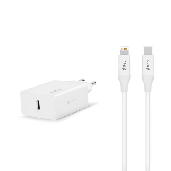 Ttec 20W PD Type C Girişli Şarj Adaptörü ve 1.2 Metre İphone Lightning Şarj Kablosu, Akım ve Isı Korumalı