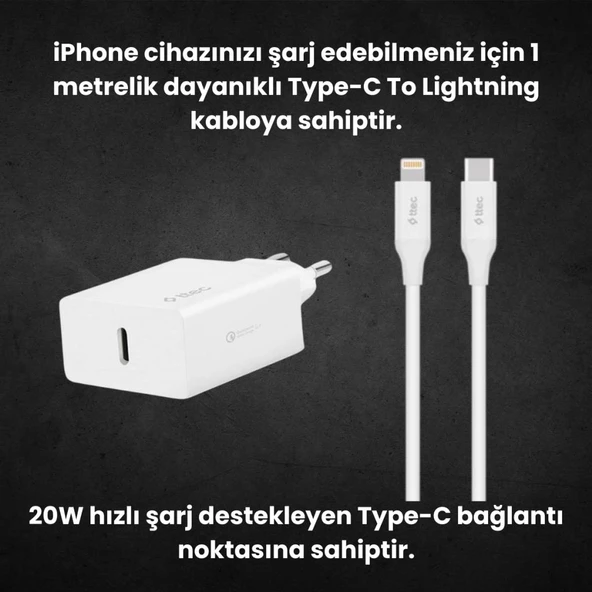 Ttec 20W PD Type C Girişli Şarj Adaptörü ve 1.2 Metre İphone Lightning Şarj Kablosu, Akım ve Isı Korumalı - 2