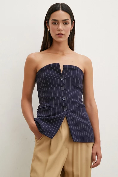 Çizgili Straplez Yelek Lacivert - Resim 3