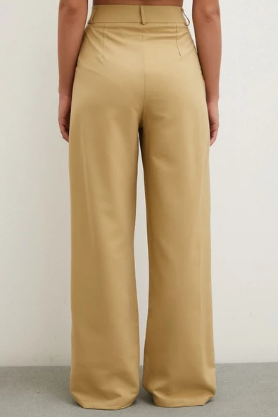 Boru Paça Yüksek Bel Keten Pantolon Camel - Resim 6