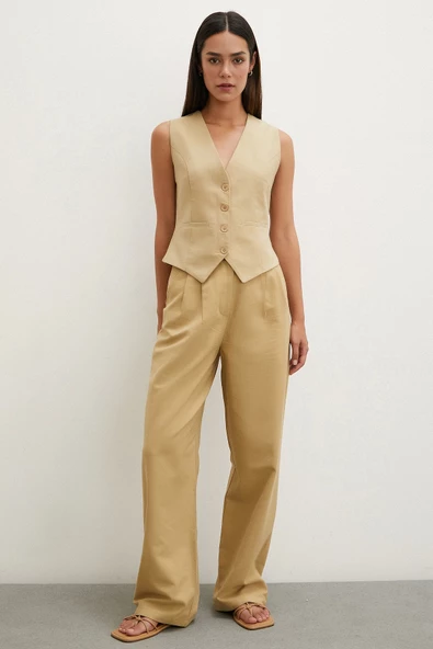 Boru Paça Yüksek Bel Keten Pantolon Camel - Resim 3