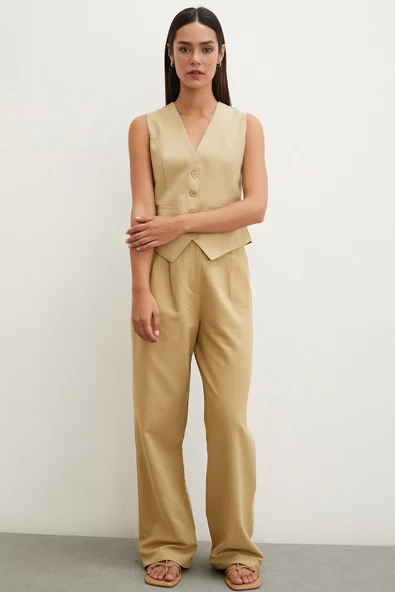 Boru Paça Yüksek Bel Keten Pantolon Camel - Resim 4