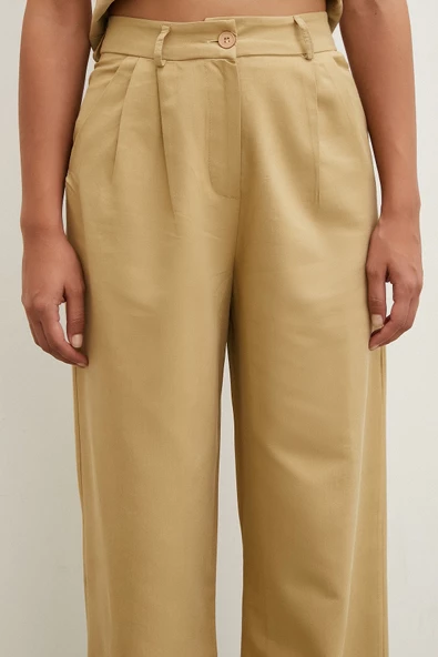 Boru Paça Yüksek Bel Keten Pantolon Camel - Resim 5