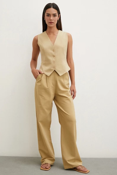 Boru Paça Yüksek Bel Keten Pantolon Camel - Resim 2