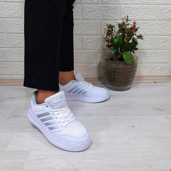 Bestof 074 Beyaz-beyaz Sneaker Düz Taban Hafif Rahat Spor Çift Ayakkabısı - 5