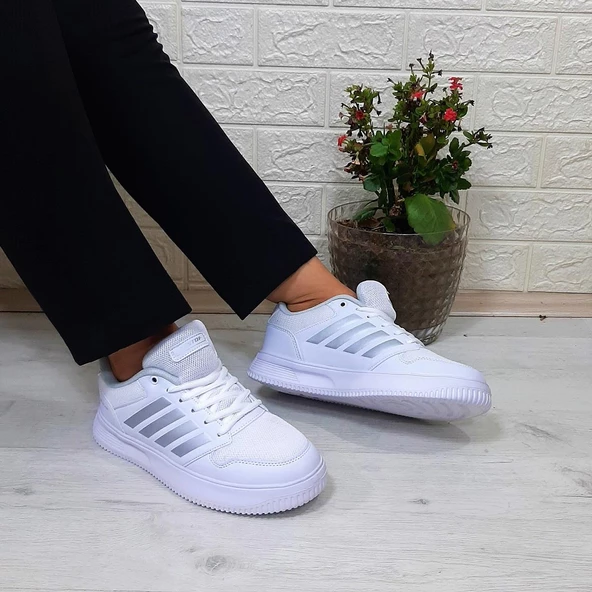Bestof 074 Beyaz-beyaz Sneaker Düz Taban Hafif Rahat Spor Çift Ayakkabısı - 4