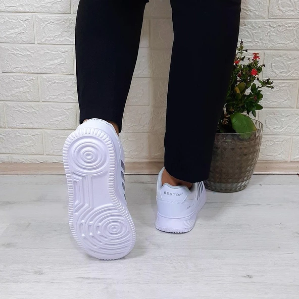 Bestof 074 Beyaz-beyaz Sneaker Düz Taban Hafif Rahat Spor Çift Ayakkabısı - 7