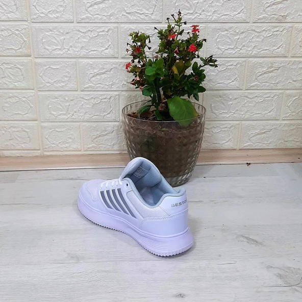Bestof 074 Beyaz-beyaz Sneaker Düz Taban Hafif Rahat Spor Çift Ayakkabısı - 10