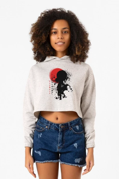 Violet Evergarden Anime Dark Poster Beyaz Kırçıllı Kadın Crop Kapşonlu ürün görseli