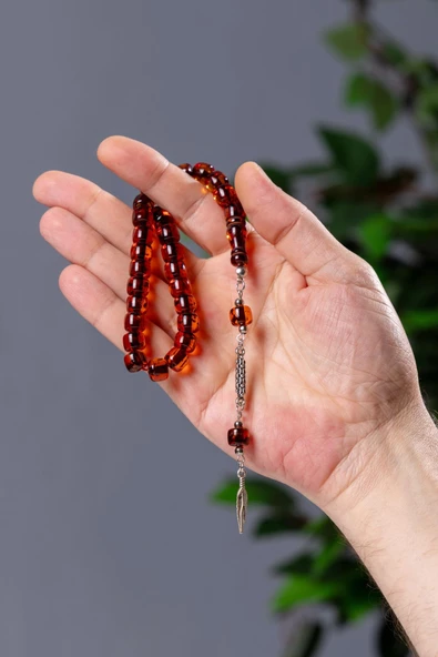 Küçük Boy Kızıl Renk Çay Fosilli Toz Kehribar Tesbih - 3