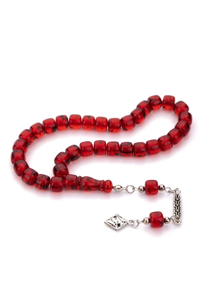 Küçük Boy Kırmızı Renk Çay Fosilli Toz Kehribar Tesbih - 2