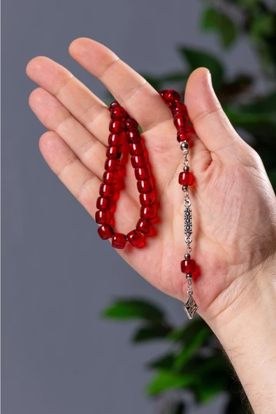 Küçük Boy Kırmızı Renk Çay Fosilli Toz Kehribar Tesbih - 3