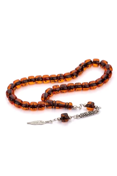 Küçük Boy Kızıl Renk Çay Fosilli Toz Kehribar Tesbih - 2