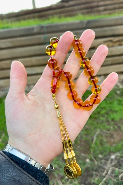 Turuncu Renk Gold Püsküllü 17'lik Ateş Kehribar Tesbih - 2