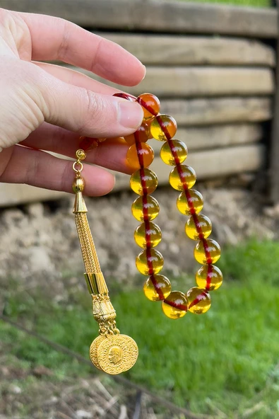Turuncu Renk Gold Püsküllü 17'lik Ateş Kehribar Tesbih - 3