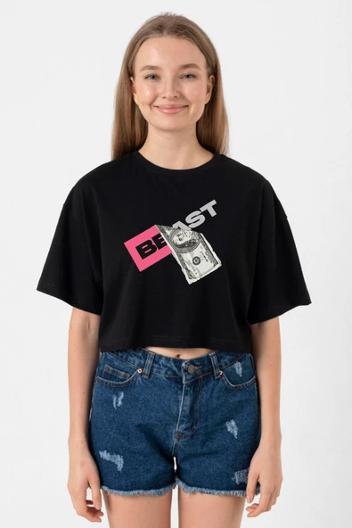 Mr Beast Dollar Bill Siyah Kadın Crop Tshirt