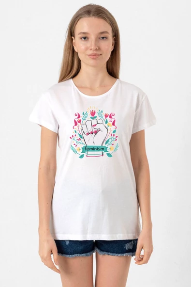 Flowered Feminism Hand Beyaz Kadın Bisikletyaka Tshirt