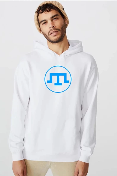 Kırım Tatar Tamga Beyaz Erkek 3ip Kapşonlu  Sweatshirt