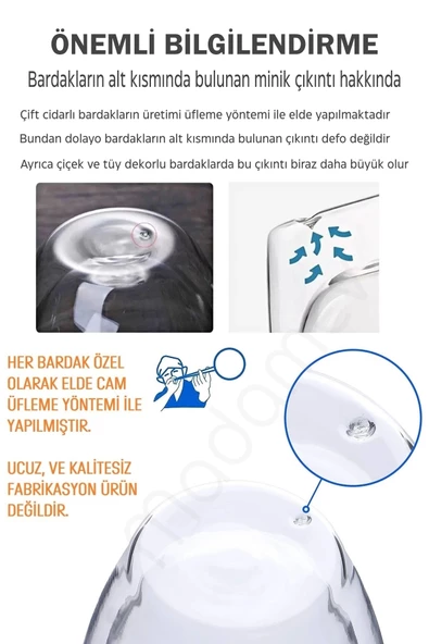 6'lı Çift Cidarlı Çiçekli Borosilikat Cam Bardak Kulplu Flower Kahve Sunum Meşrubat Bardağı 250ml - 3