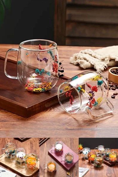 6'lı Çift Cidarlı Çiçekli Borosilikat Cam Bardak Kulplu Flower Kahve Sunum Meşrubat Bardağı 250ml - 2