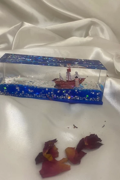 Batmayan Gemi Korsan Simli Akvaryum İçinde Lüks Hediyelik 14x5x4 cm - Resim 5