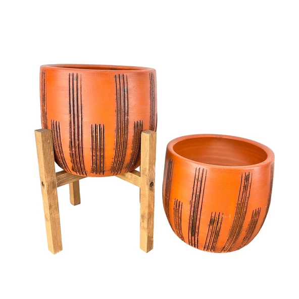 Bitki Tasarımı  Dik Çizgi Desenli Toprak Saksı Saksılık Salon Çiçeklik İkili Set Ayaksız - 4 Ayaklı- 19 CM - Resim 3