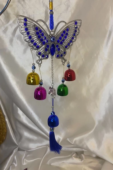 Deprem Zili Çanı Rüzgar Çanı Zili Feng Shui Ejderha Yılı Koruyucu Telkari Kelebek 5 Çanlı NAzar Boncuğu Objeli - Resim 5