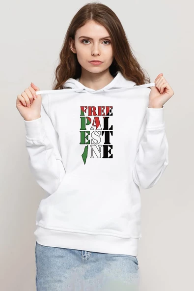 Free Palestine Beyaz Kadın 3ip Kapşonlu Sweatshirt ürün görseli