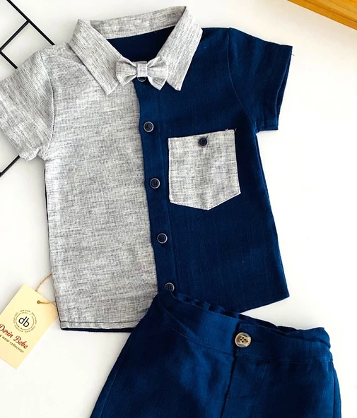 Neşeli Bebekler Cepli Gömlekli Papyonlu Şort Takım - Resim 2