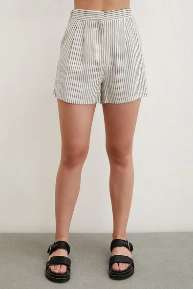 Çizgili Cepli Şort Bej - 2