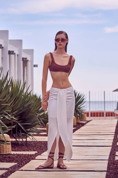 Önü Bağlamalı Etek Ekru - Resim 3