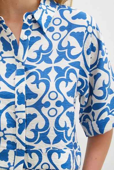 Kısa Kollu Crop Gömlek Mavi - 5