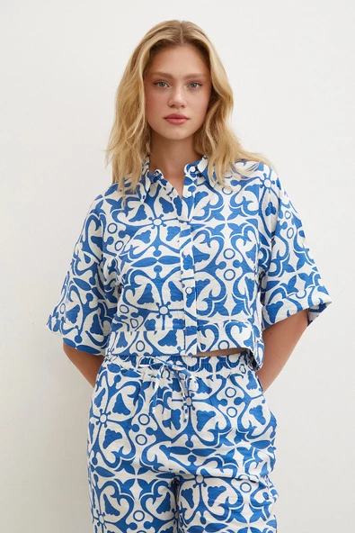 Kısa Kollu Crop Gömlek Mavi - 2