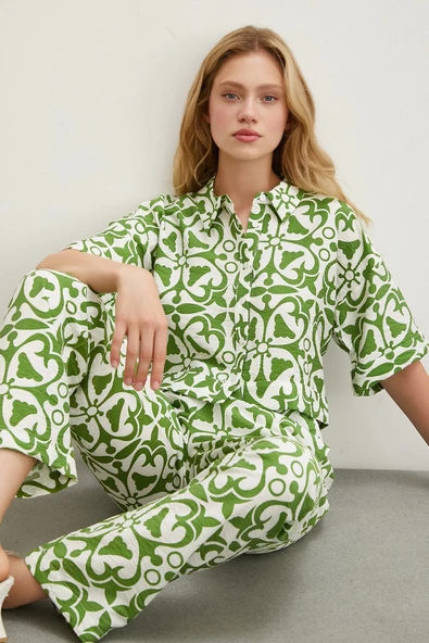 Beli Lastikli Boru Paça Pantolon Yeşil - Resim 3