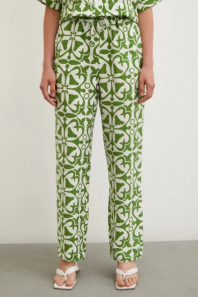 Beli Lastikli Boru Paça Pantolon Yeşil - Resim 2