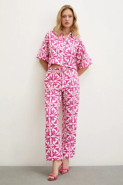 Kısa Kollu Crop Gömlek Fuşya - Resim 3