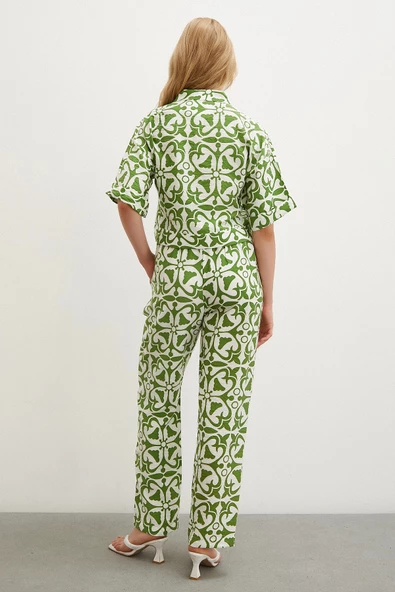 Beli Lastikli Boru Paça Pantolon Yeşil - Resim 4