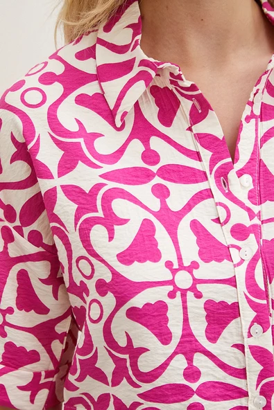 Kısa Kollu Crop Gömlek Fuşya - Resim 5