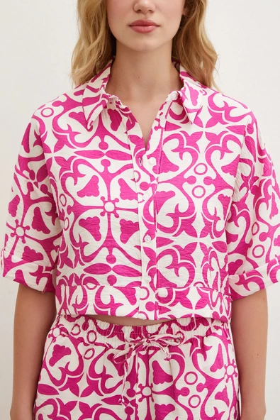 Kısa Kollu Crop Gömlek Fuşya - Resim 4