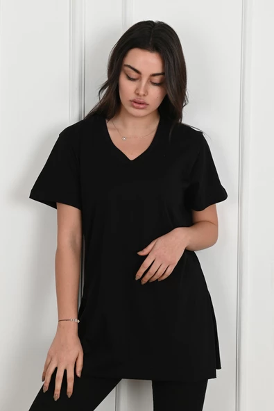 Kadın V yaka Yırtmaçlı  T-Shirt 8783-22 - 12