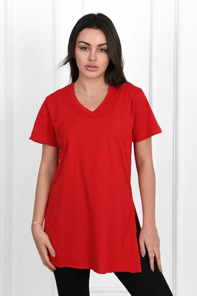 Kadın V yaka Yırtmaçlı  T-Shirt 8783-22 - 2