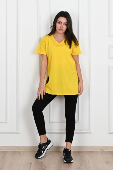 Kadın V yaka Yırtmaçlı  T-Shirt 8783-22 - 7